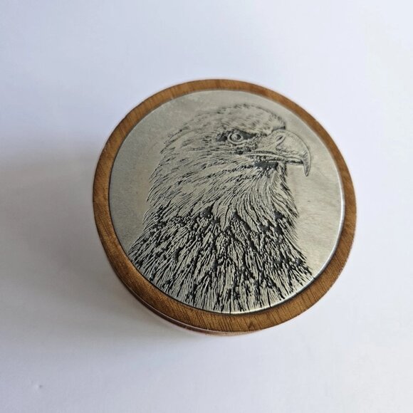 Vintage Americano Bald Eagle Etched Wooden Patriotic Trinket Box 3” X 1.75” Tall - Picture 1 of 6